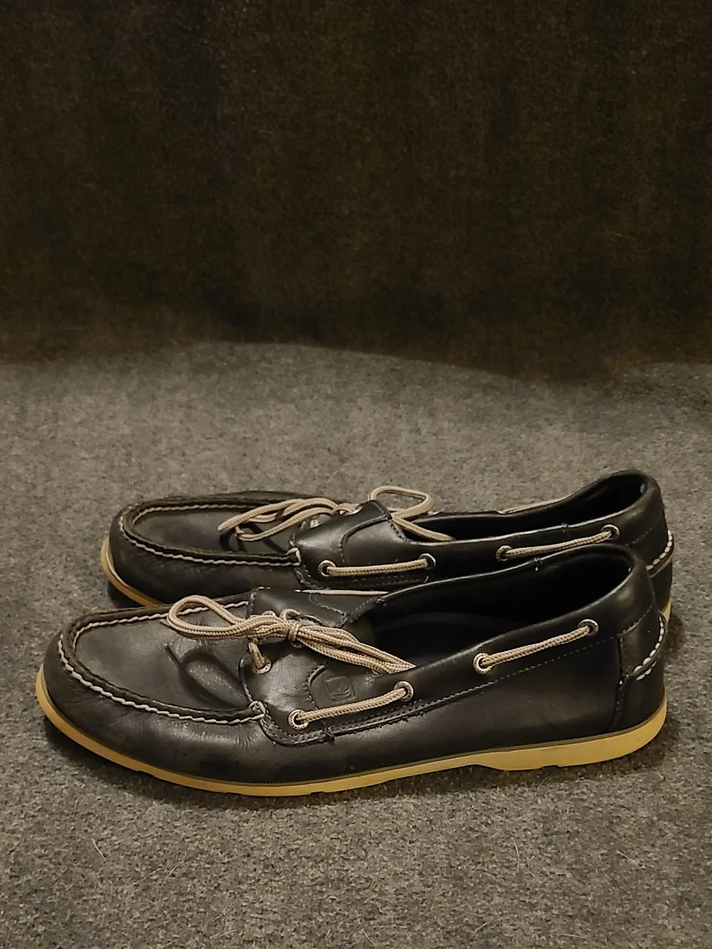 Sperry Top-Sider Men's Size 13 Black Leather Beige Stitch Slip-On Shoes